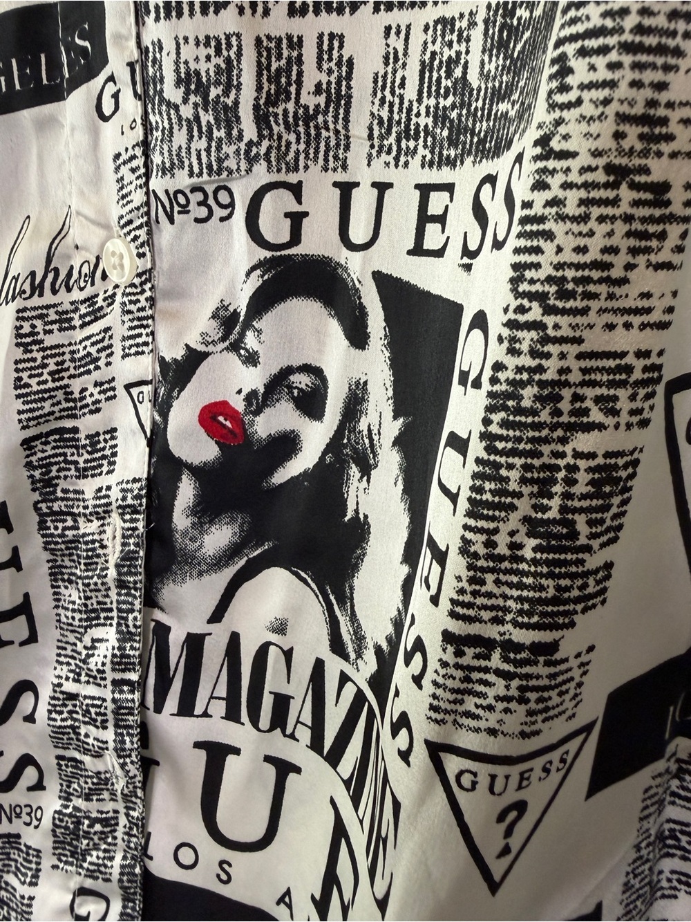 GUESS Women’s Black & White Logo Newspaper Print Button-Up Shirt - Picture 4 of 7